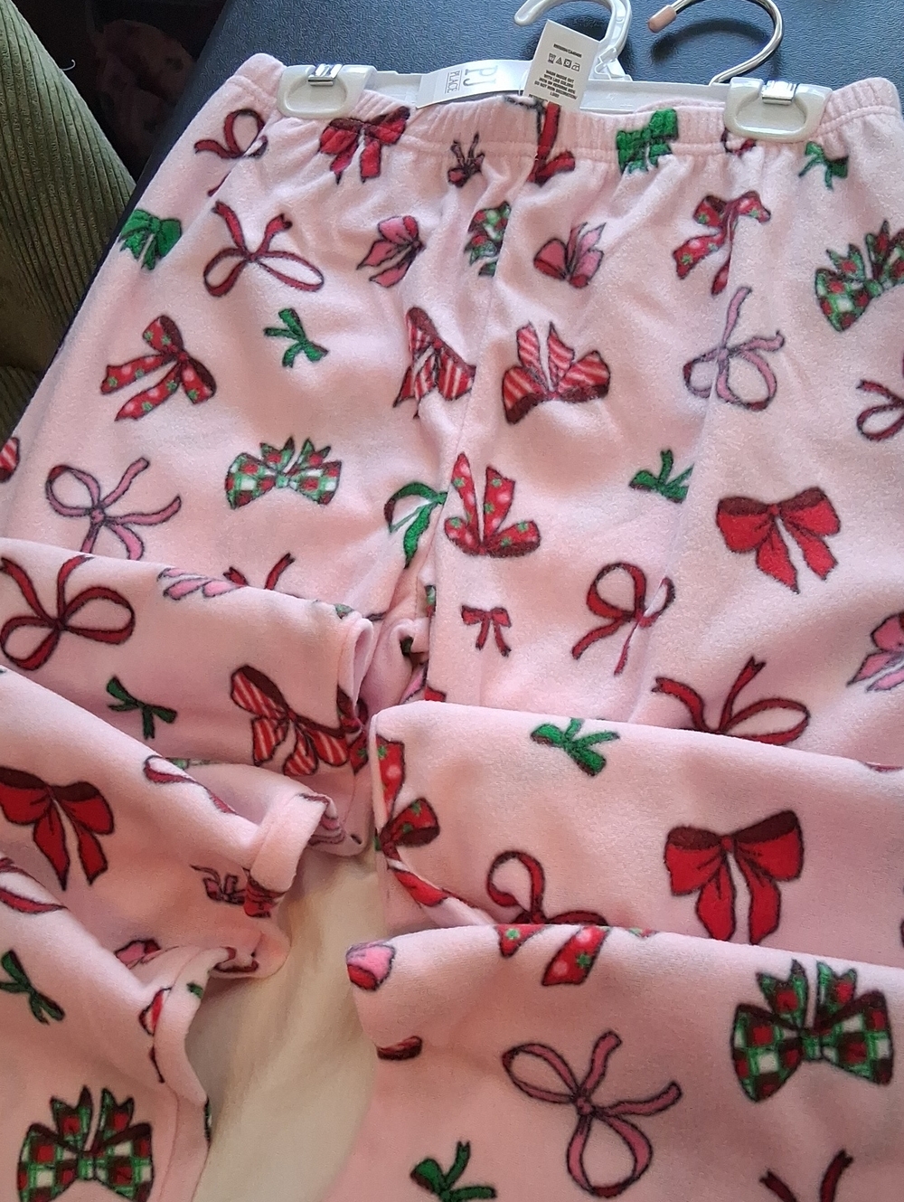 Youth Size Pink Fleece Pajama Pants with Red and Green Bow Prints